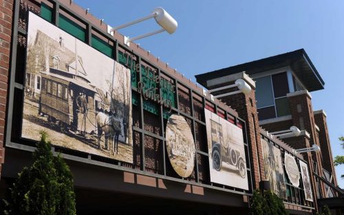 Iconic parking deck near downtown Rock Hill, includes art and historic photos.