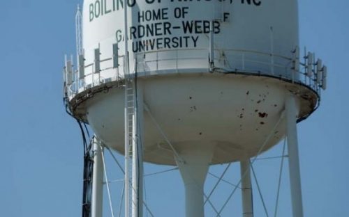 Boiling Springs announces the home of Gardner-Webb University on their tower in Cleveland County