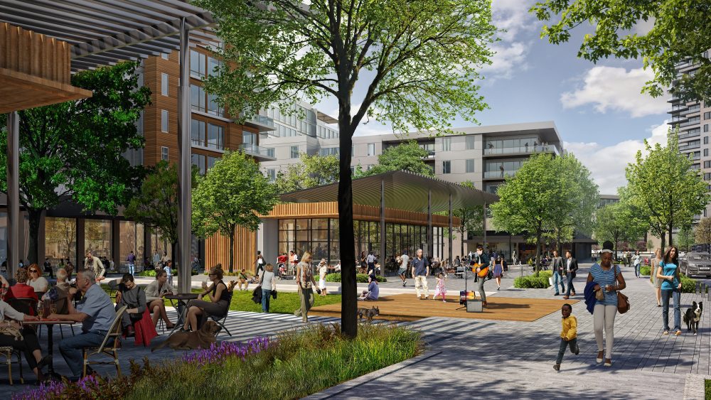 A rendering of the planned redevelopment of Ballantyne Corporate Park, adding apartments, shops, restaurants and amenities in place of parking lots and a golf course. Rendering: Northwood Office.