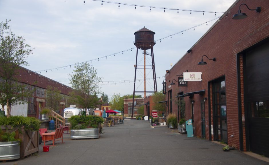 The Boileryard and central strip of small businesses at Camp North End. Photo: Ely Portillo
