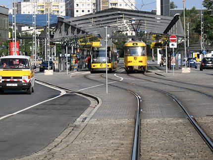 Cross-town streetcars in Dresden, Germany.