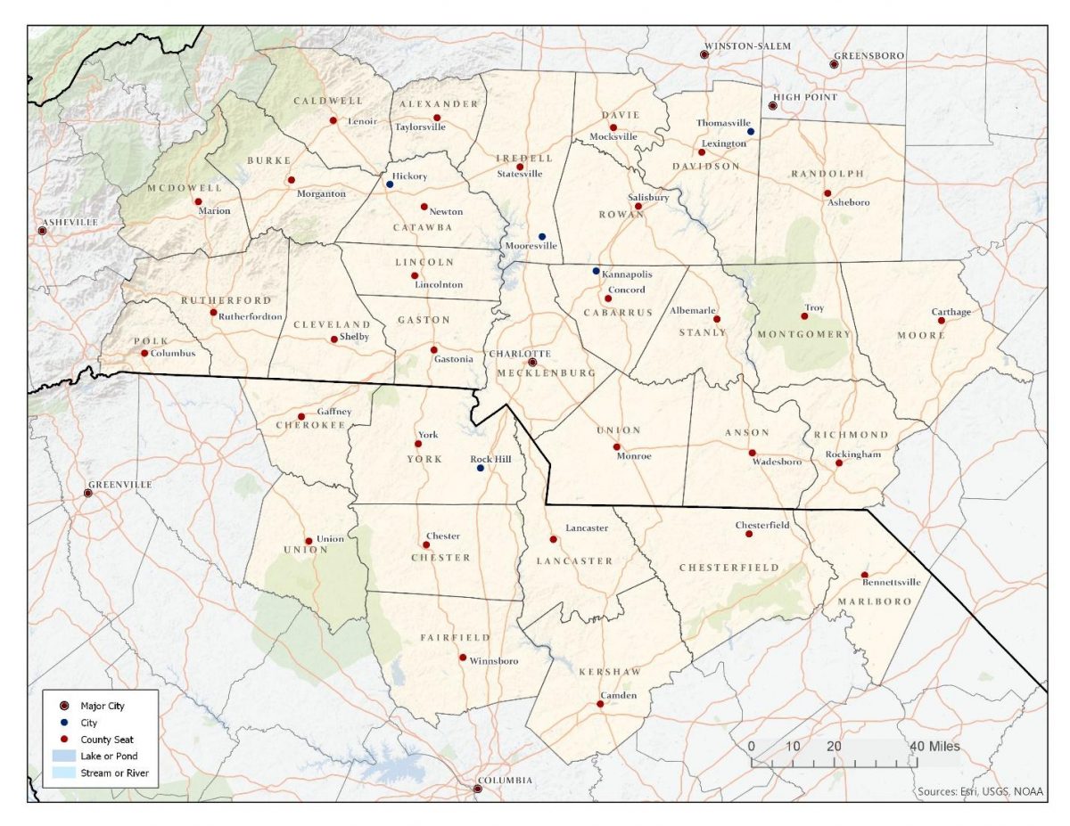 The Carolinas Urban-Rural Connection study area covers 32 counties in North Carolina and South Carolina. Map: Katie Zager