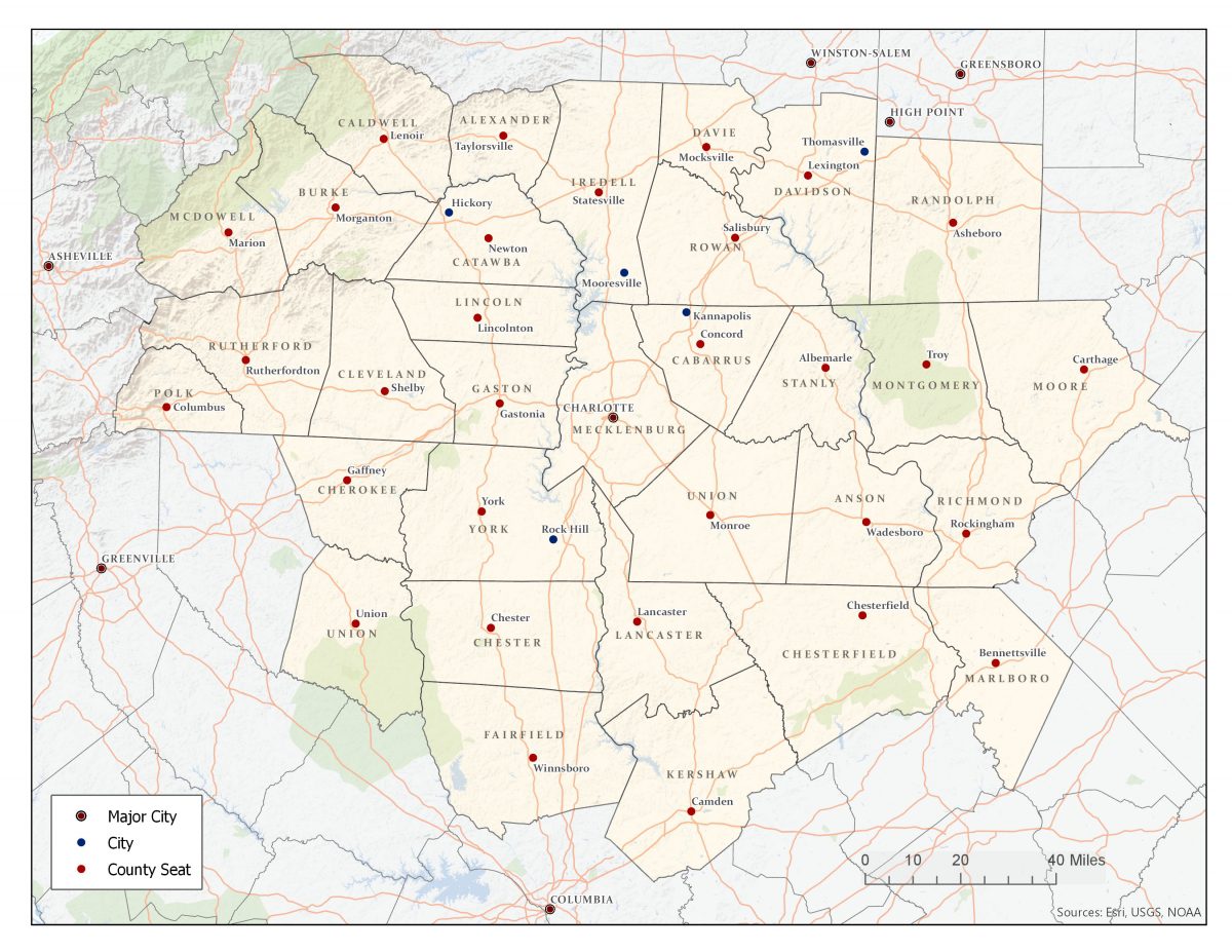 The 32-county Carolinas Urban-Rural Connection project study area.