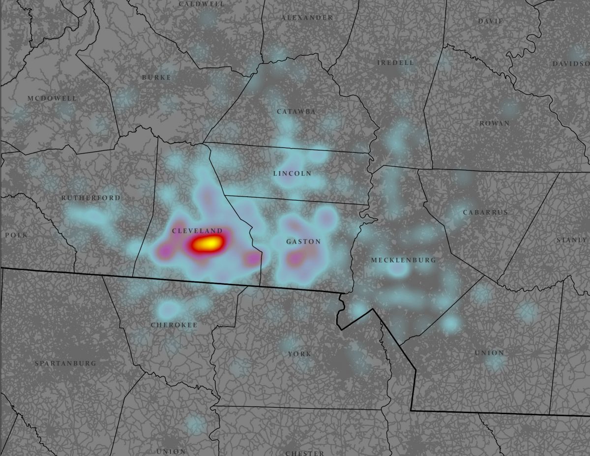  Attendees at the Cleveland County Fair are much less likely to come from South Carolina than their proximity would indicate. That suggests the state line may be a psychological barrier. Map: Katie Zager, using UberMedia data. 