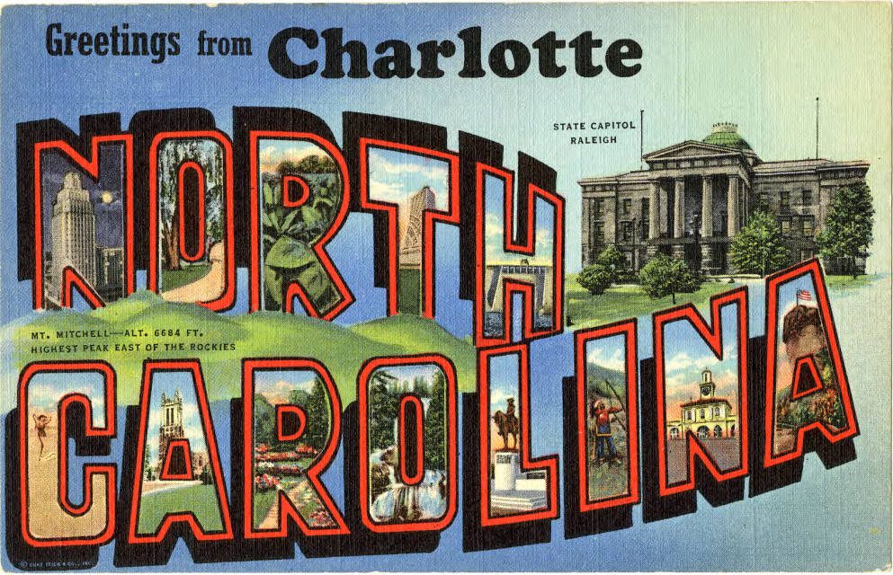 A vintage postcard for Charlotte features landmarks from other parts of the state, including Raleigh. Photo: Atkins Library, special collections.