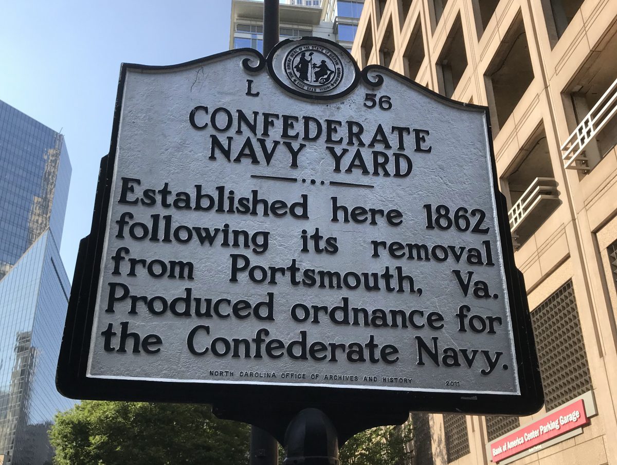 Figure 4: Historical marker discussing the Charlotte Navy Yard – the seed of our industrial specialization – on Tryon Street. Photo: Bill Graves
