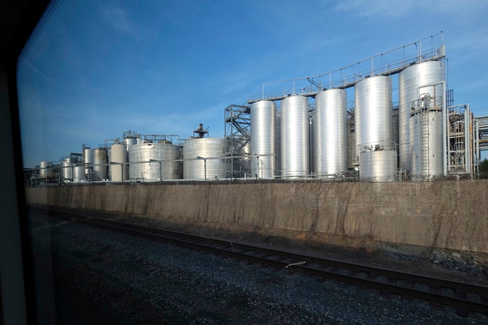Ever wondered what's in these tanks visible from the Blue Line and from South Boulevard, between the Tyvola and Woodlawn stations? It's Cargill’s tropical oils refinery, which runs 24/7 and produces more than 400 million pounds of edible oils annually. Photo: Nancy Pierce