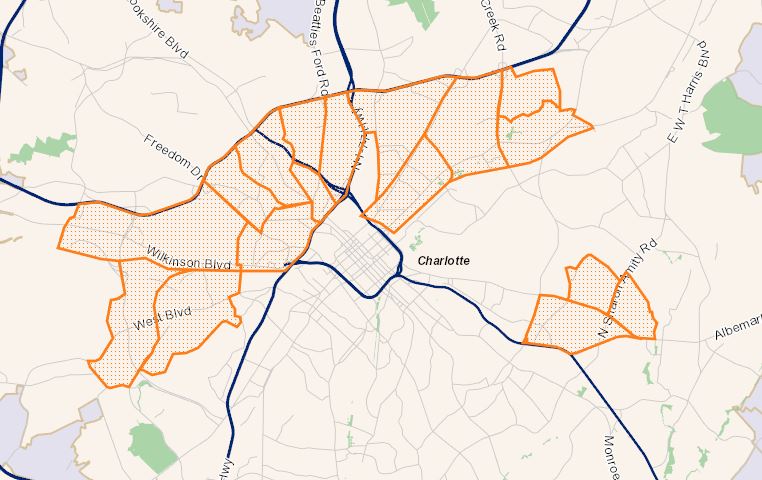 Charlotte's opportunity zones extend mostly west and north of uptown. Source: City of Charlotte.