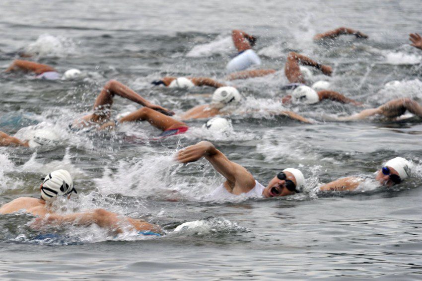 Swimmers in the Amica Sprint Triathalon in Mooresvi