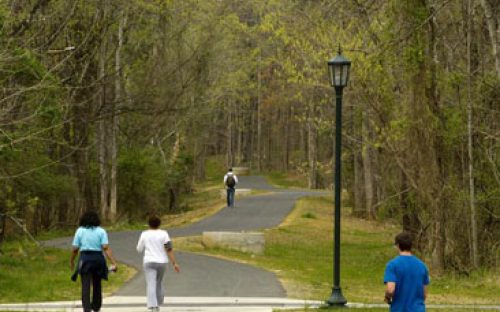 Walkers stroll along the Toby Creek Greenway at UNC Charlotte (March 2011).