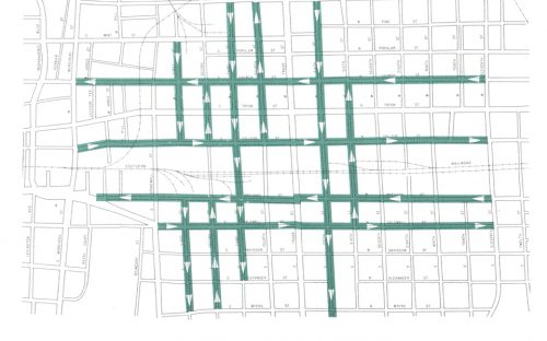 One-way street plan from 1960 Transportation Plan was mostly implemented; today two-way streets are favored.