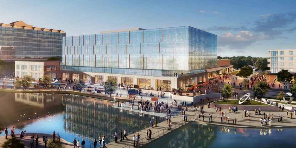 A rendering of Waters Edge, a planned redevelopment of a 1980s shopping center in University City. Rendering: EB Arrow.