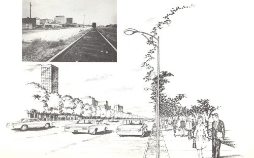 "Looking north along Convention Avenue [never built] with railroad tracks removed."  (1966 plan)