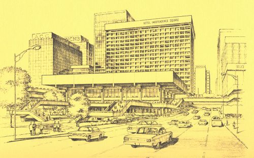 Envisioned "new" convention center, now demolished, in foreground (looking toward The Square from East Trade Street).  