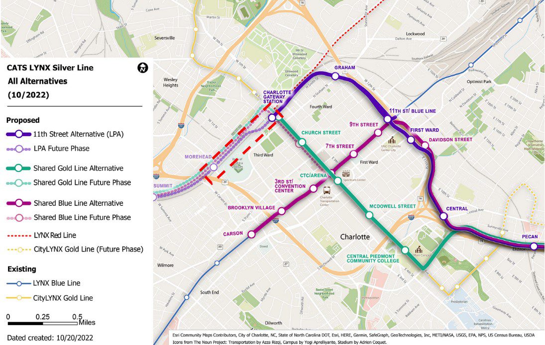 The city and consultants studied several options for the uptown route of the proposed Silver Line, including using the Gold Line streetcar route through the middle of uptown (in green) and sharing a line with the Blue Line (in magenta). The city prefers a route that encircles uptown (purple) rather than going through the middle of it. (Map from City of Charlotte)