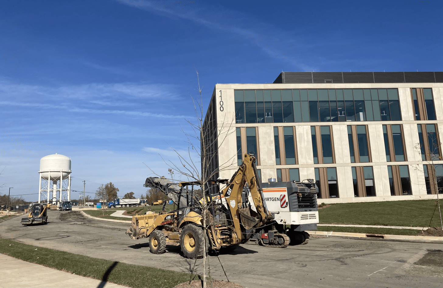Construction equipment in front of a hospital