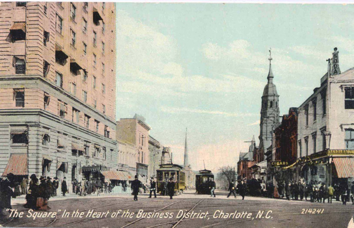 Charlotte downtown in 1900. Courtesy of the Robinson-Spangler Carolina Room, Charlotte Mecklenburg Library.