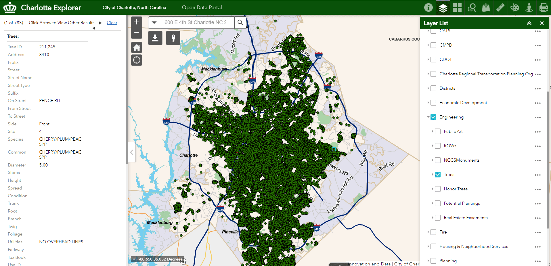A dot map of the city of Charlotte's trees