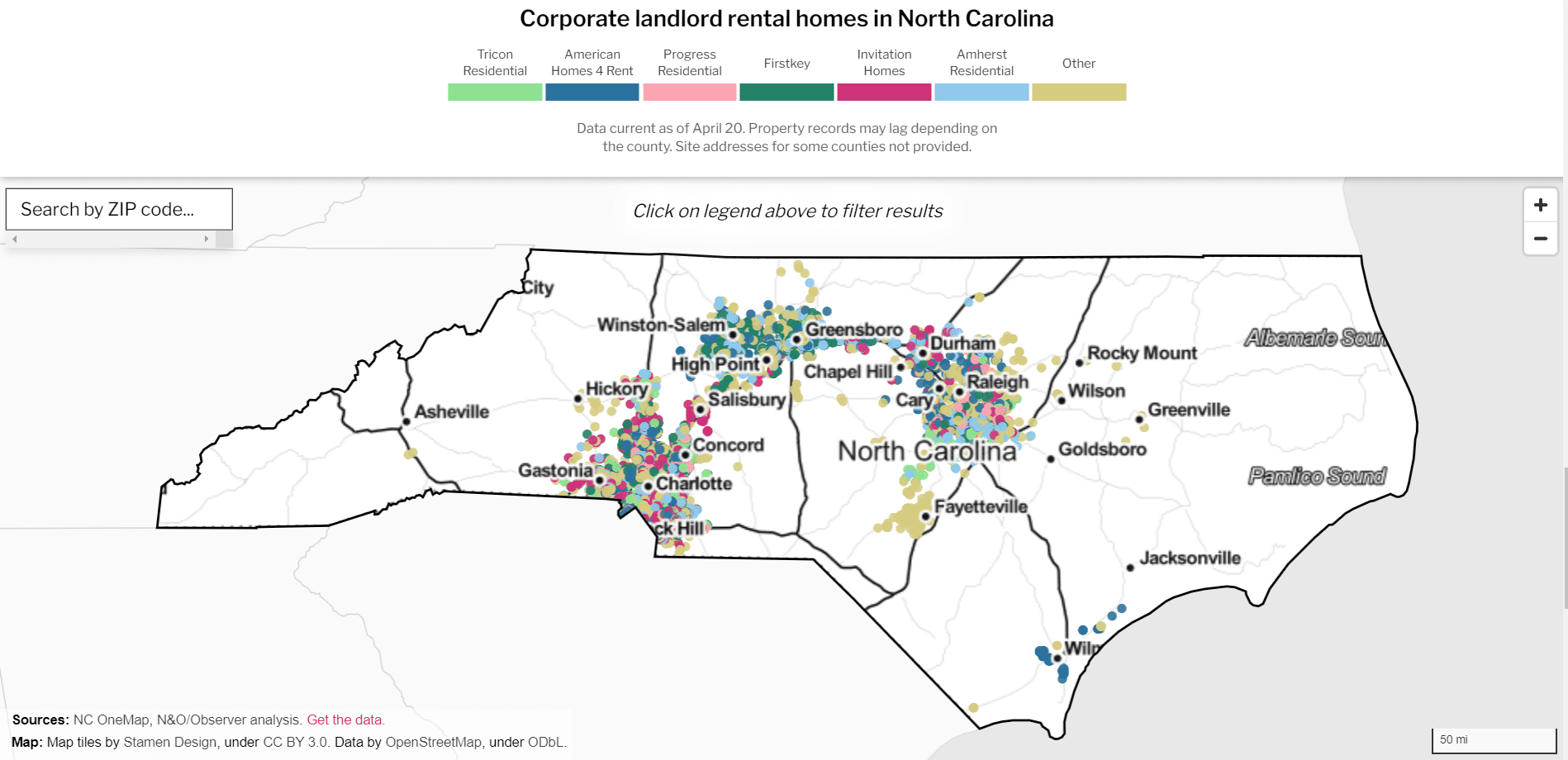 A map of corporate landlords in North Carolina