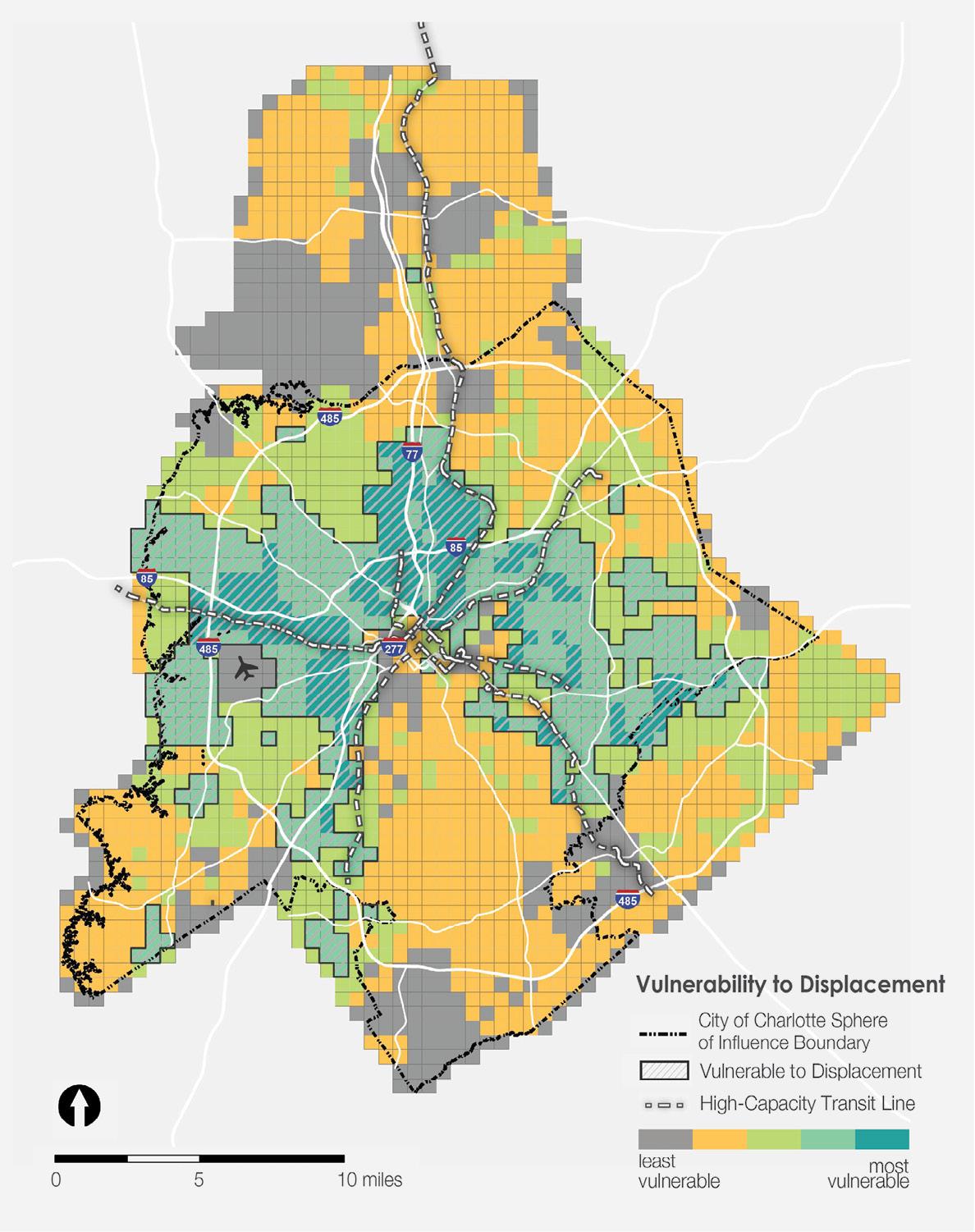 A maps showing where people are likely to be displaced in Charlotte