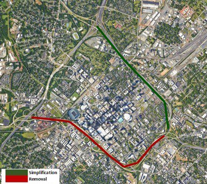 Sections of I-277 to be removed or simplified. GoogleEarth