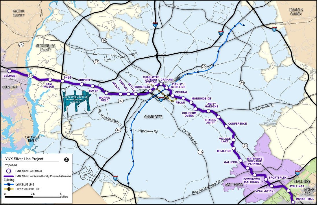 A map of the Silver Line light rail route in Charlotte NC
