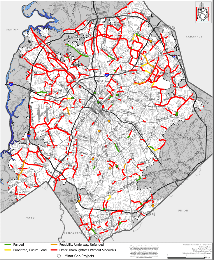 A map showing streets without sidewalks in Charlotte outlined in red