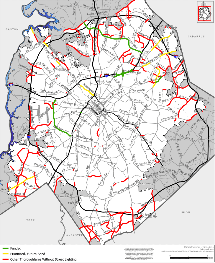 A map of streets without lighting in Charlotte, outlined in red