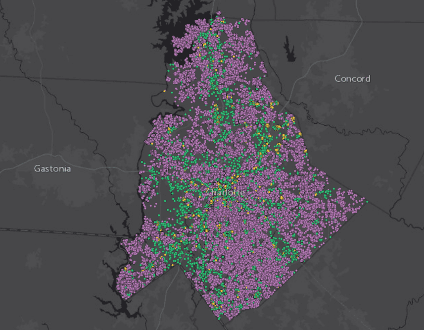 A dot map of building permits in Mecklenburg County