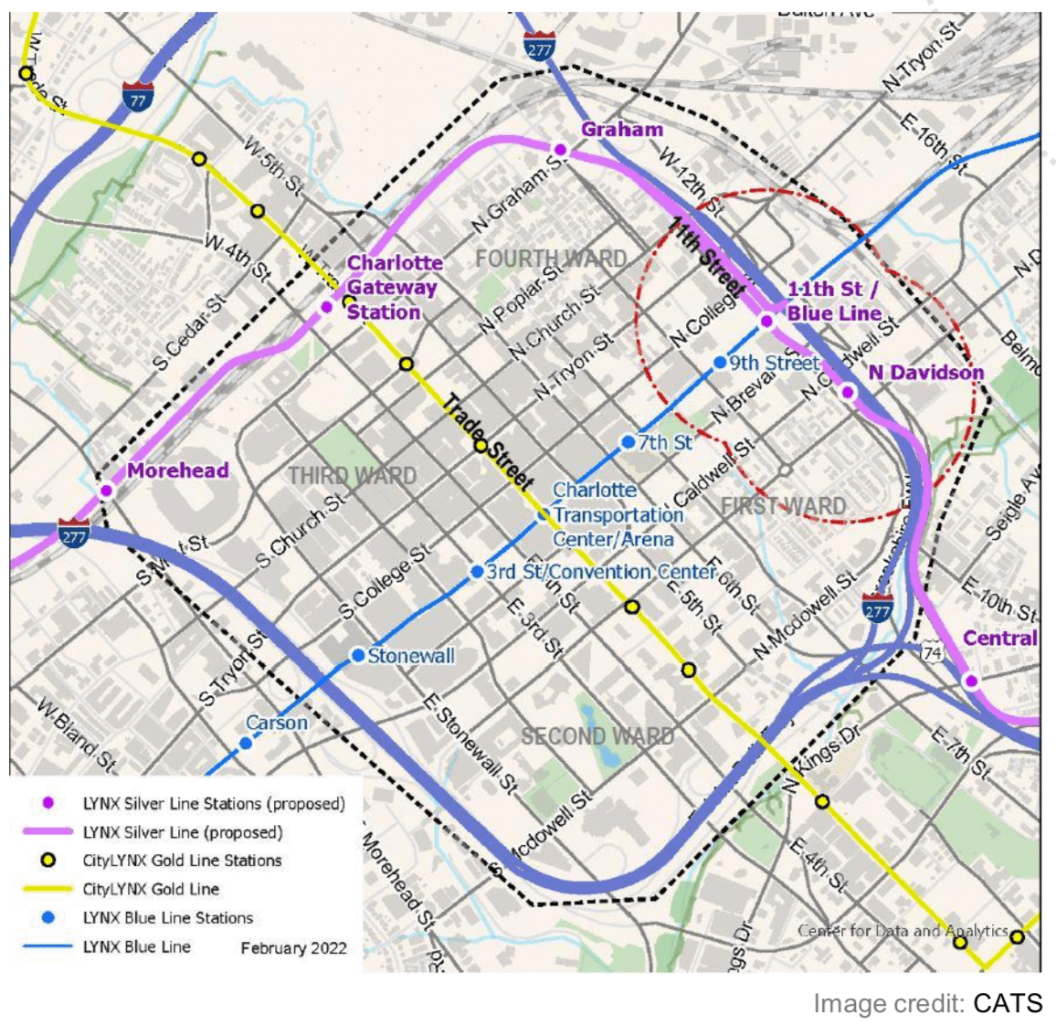 Map of the proposed Silver Line route around uptown Charlotte