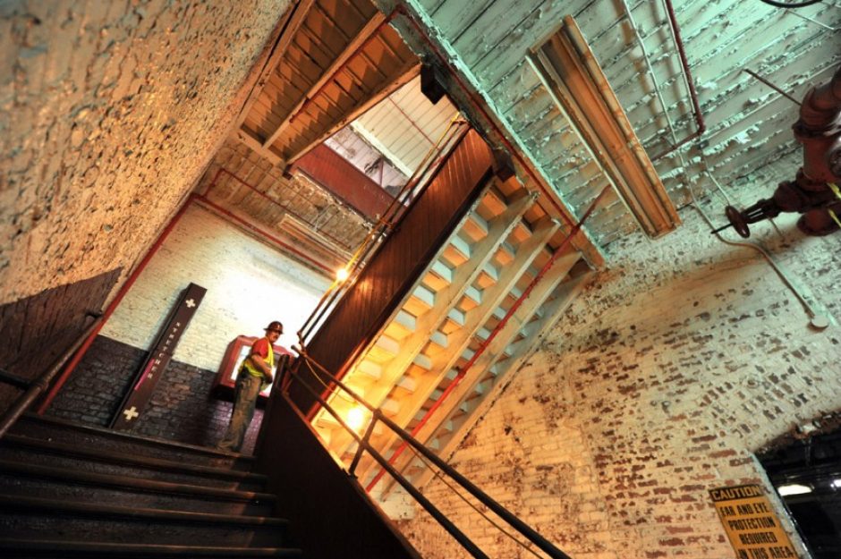 A staircase between residential floors in the Loray Mill. Photo: Nancy Pierce
