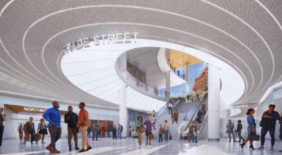 The city favors a redevelopment of the uptown bus station that moves passengers into a climate-controlled underground waiting area. (Rendering from City of Charlotte)