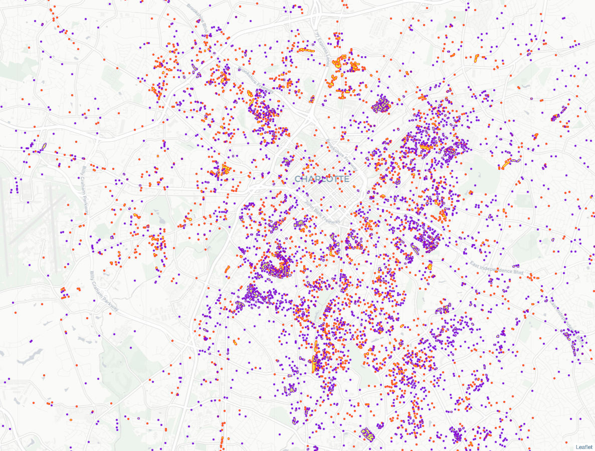 A map of recorded demolition permits issued in Mecklenburg County from 1999 to 2020.