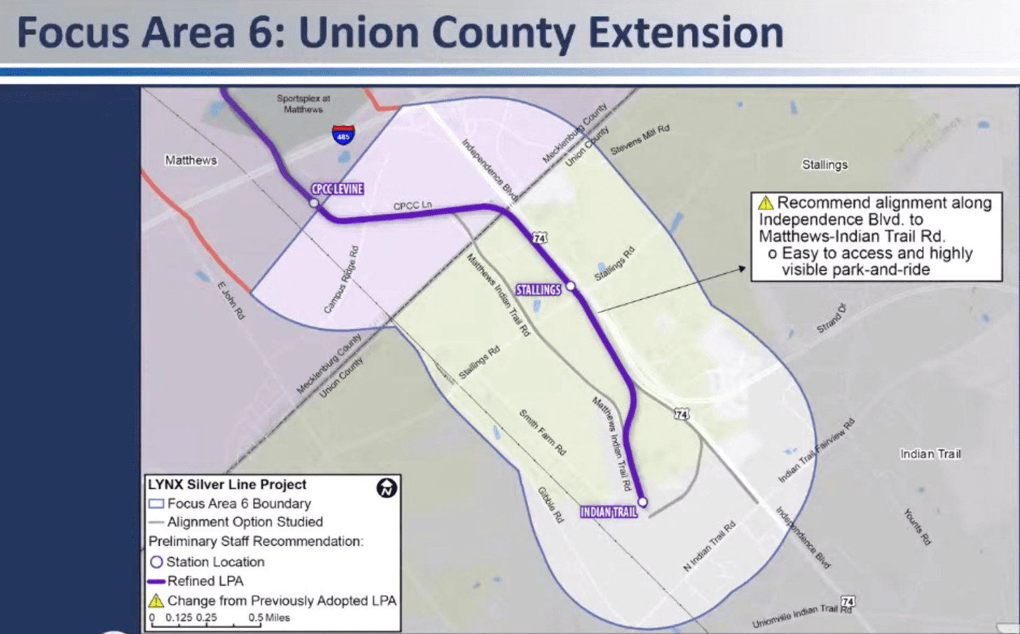 A map showing the train line extending to Indian Trail in Union County