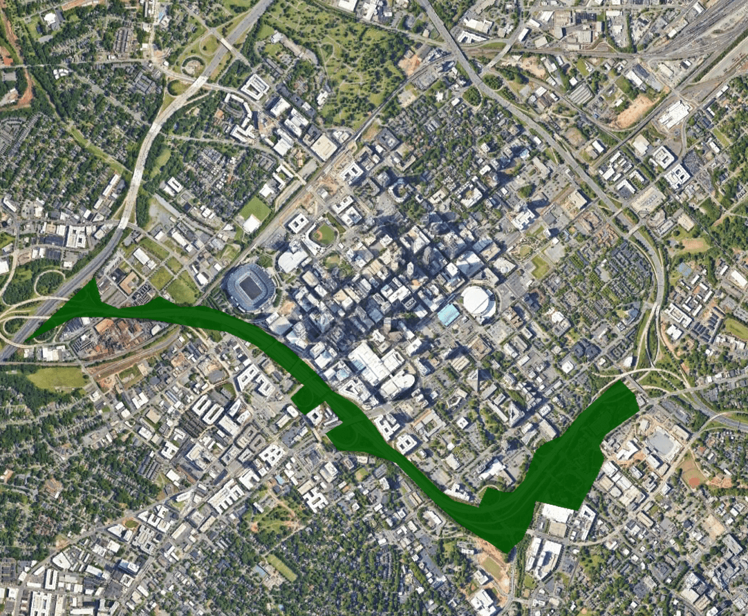 Potential footprint of the linear park and expansion of Elizabeth Park – GoogleEarth