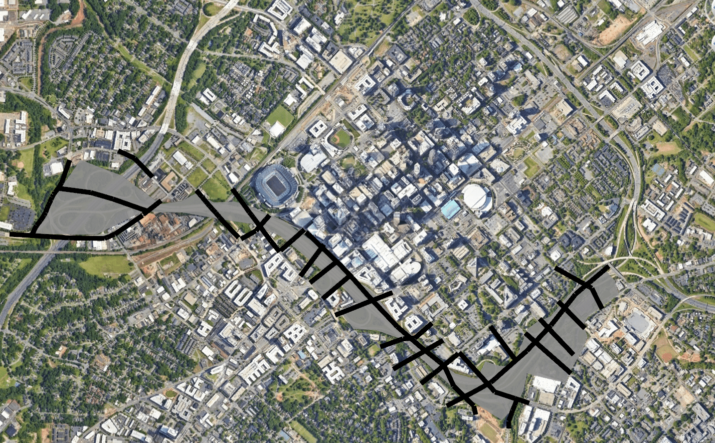 Rendering of potential new grid structure with the removal of I-277 – GoogleEarth