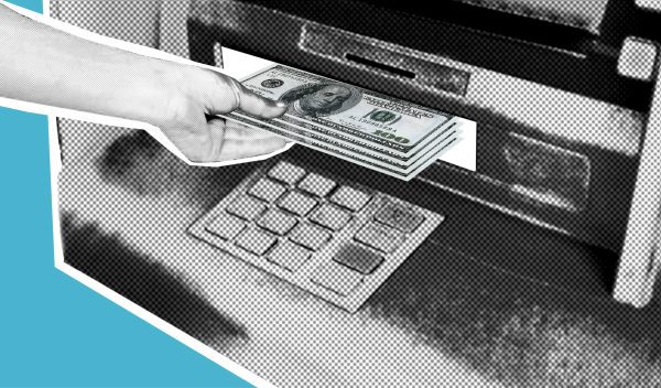Digital illustration of a person depositing cash into an ATM.