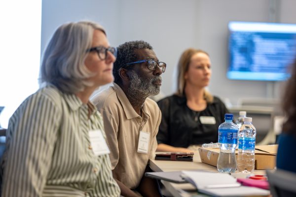 Diverse group of people watching a presentation.