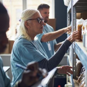Employees and volunteers at a community food bank. Photo credit: Dragon Images