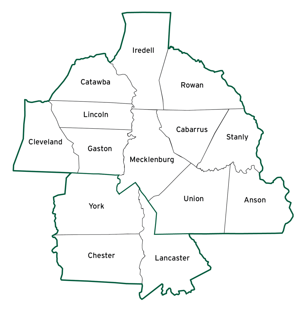 An outlined map of the 14 counties that comprise the Charlotte Urban Institute's Charlotte region.