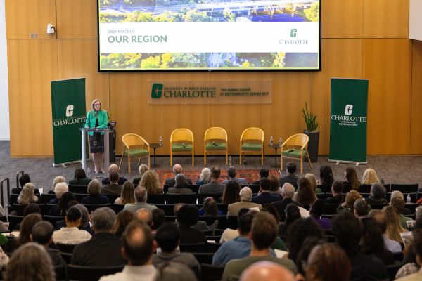 UNC Charlotte Chancellor Sharon L. Gaber addresses the audience at the 2026 State of Our Region hosted by the University of North Carolina Charlotte.
